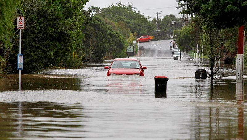 A car on a flooded road